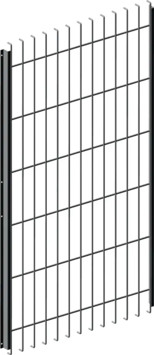 Schutzgitter für eine Wärmepumpe, bestehend aus vertikalen Metallstäben in einem Gitterdesign, montiert in einem stabilen Rahmen. Marke Wolf.